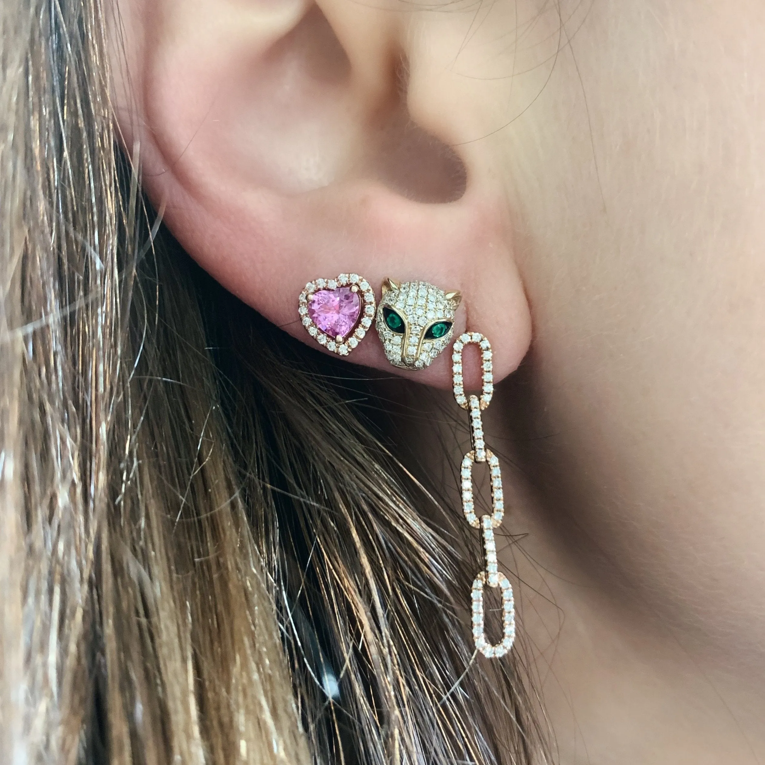 Pink Sapphire & Diamond Heart Stud Earrings