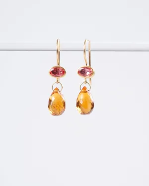 pink sapphire and citrine briolette earrings - orange and gold