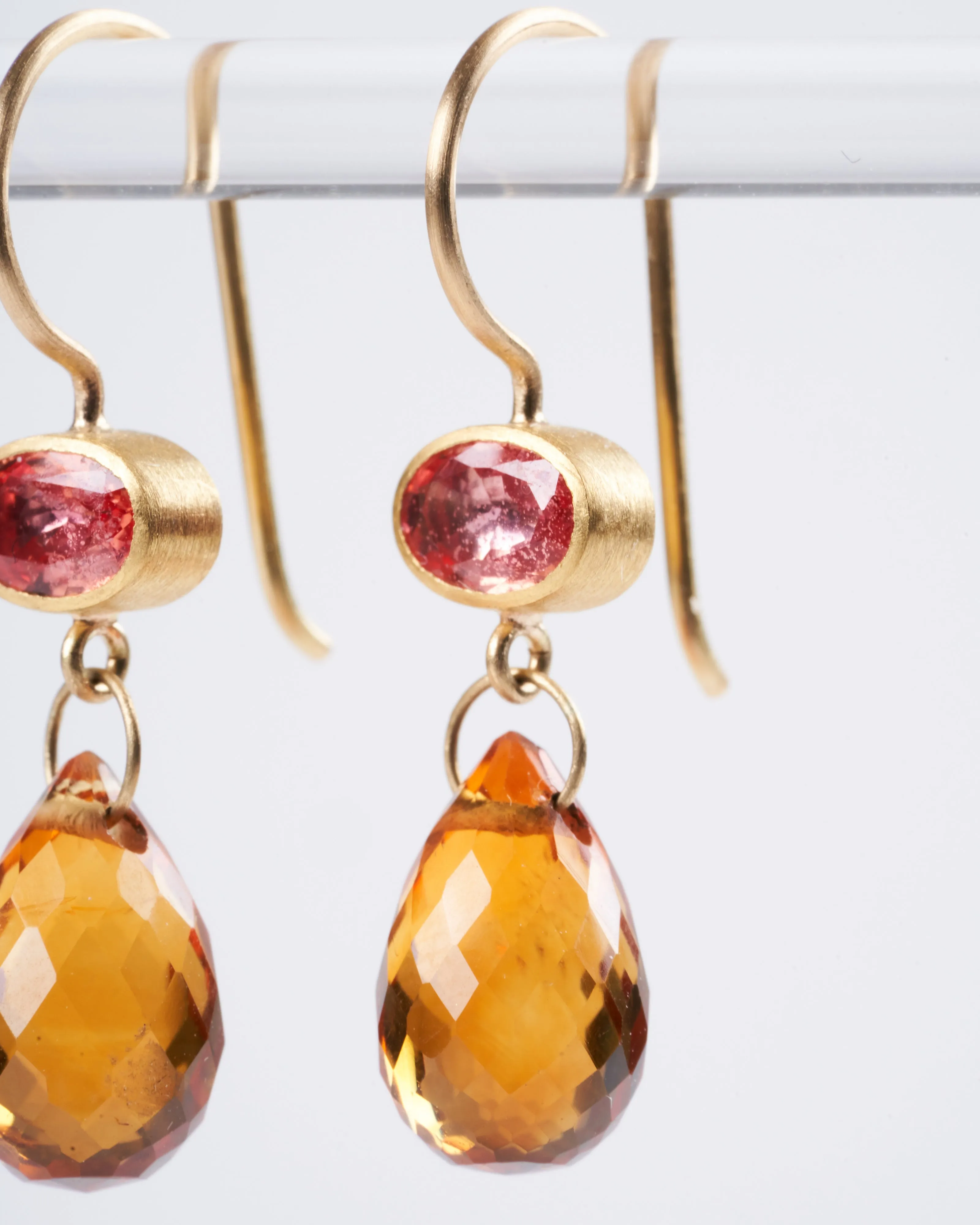 pink sapphire and citrine briolette earrings - orange and gold
