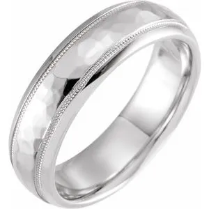 Platinum 6 mm Half Round Band with Hammer Finish & Milgrain Size 9