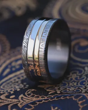 Platinum & 14k yellow gold and damasteel stainless damascus Zirconium lined customizable ring mens wedding bands Gold rings