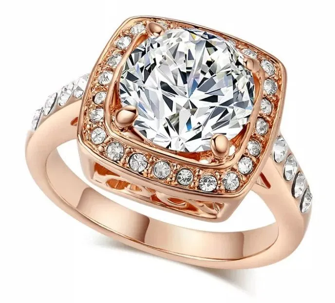 Princess Zircon Gemstones Ring 18K Rose Gold Engagement Jewelry