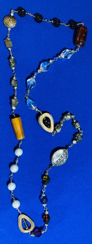 Pyrite, Pearls, and Crystal 50" Necklace & Earrings  #20013
