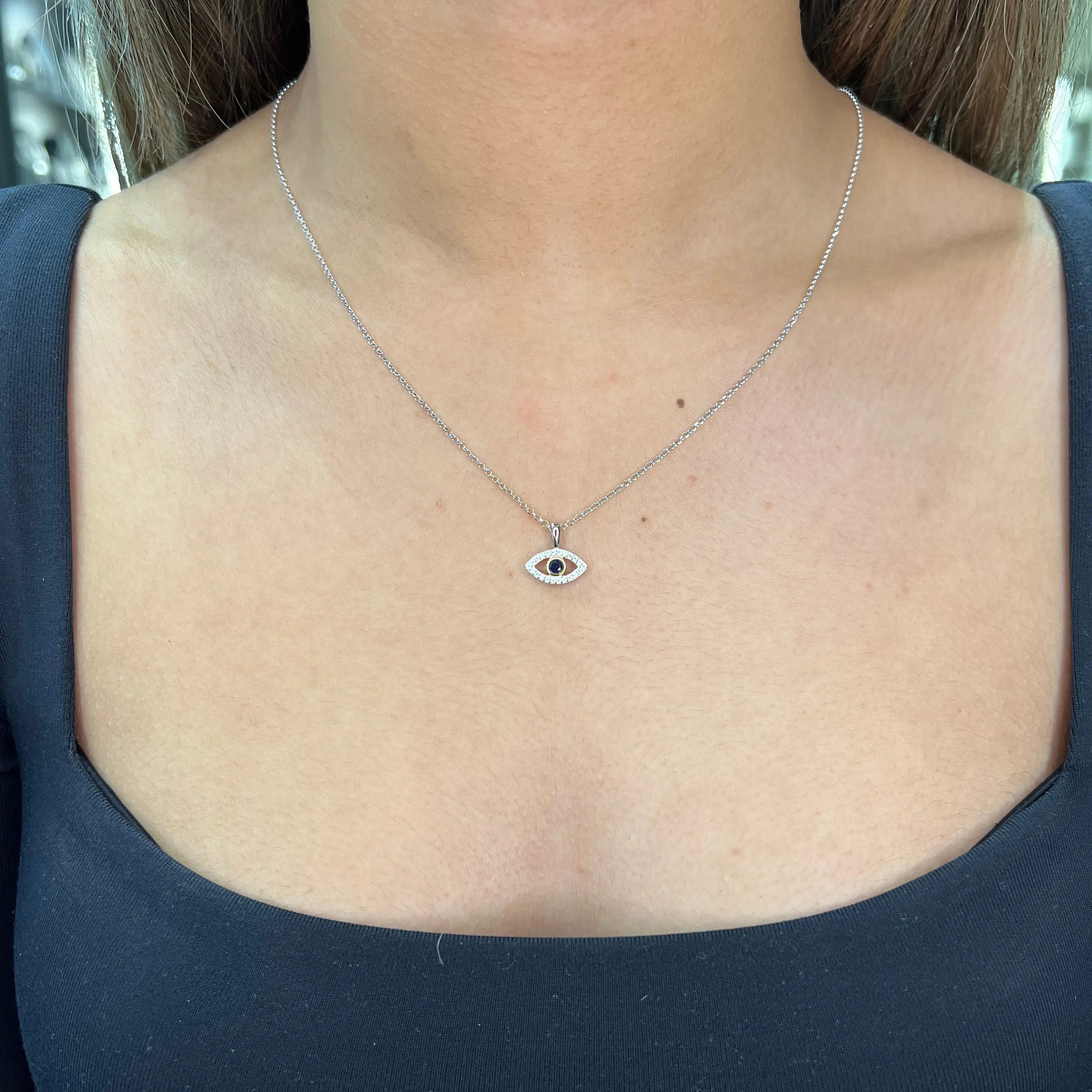 Reign Sterling Silver and Gold Plated Silver CZ & Created Blue Sapphire Evil Eye Necklace