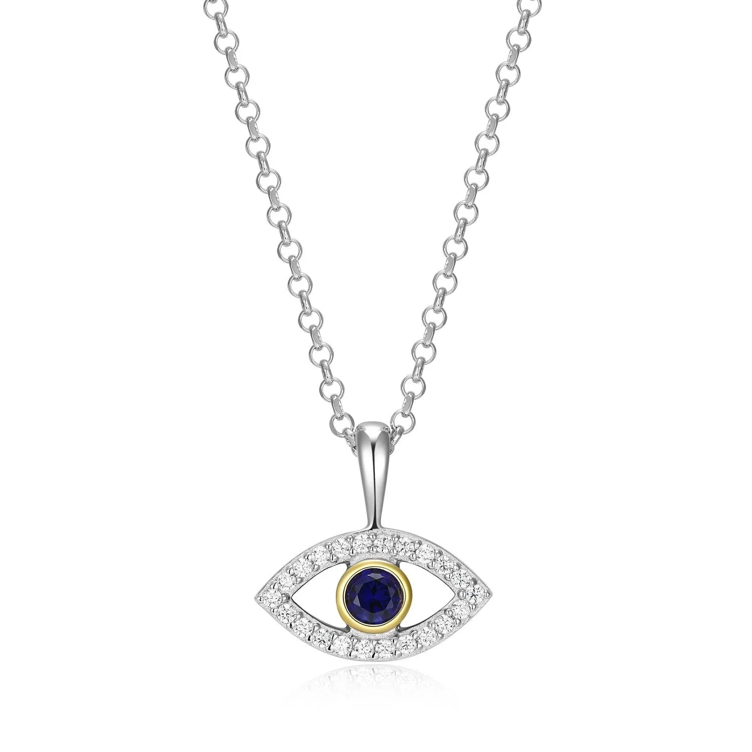 Reign Sterling Silver and Gold Plated Silver CZ & Created Blue Sapphire Evil Eye Necklace