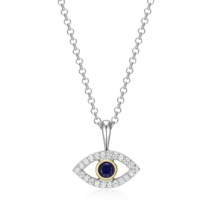 Reign Sterling Silver and Gold Plated Silver CZ & Created Blue Sapphire Evil Eye Necklace