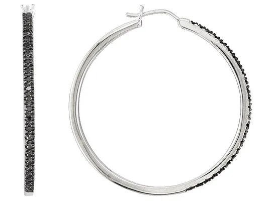 Rhodium over Sterling Silver Black Diamond 1 1/2 Hoop Earrings