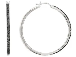 Rhodium over Sterling Silver Black Diamond 1 1/2 Hoop Earrings