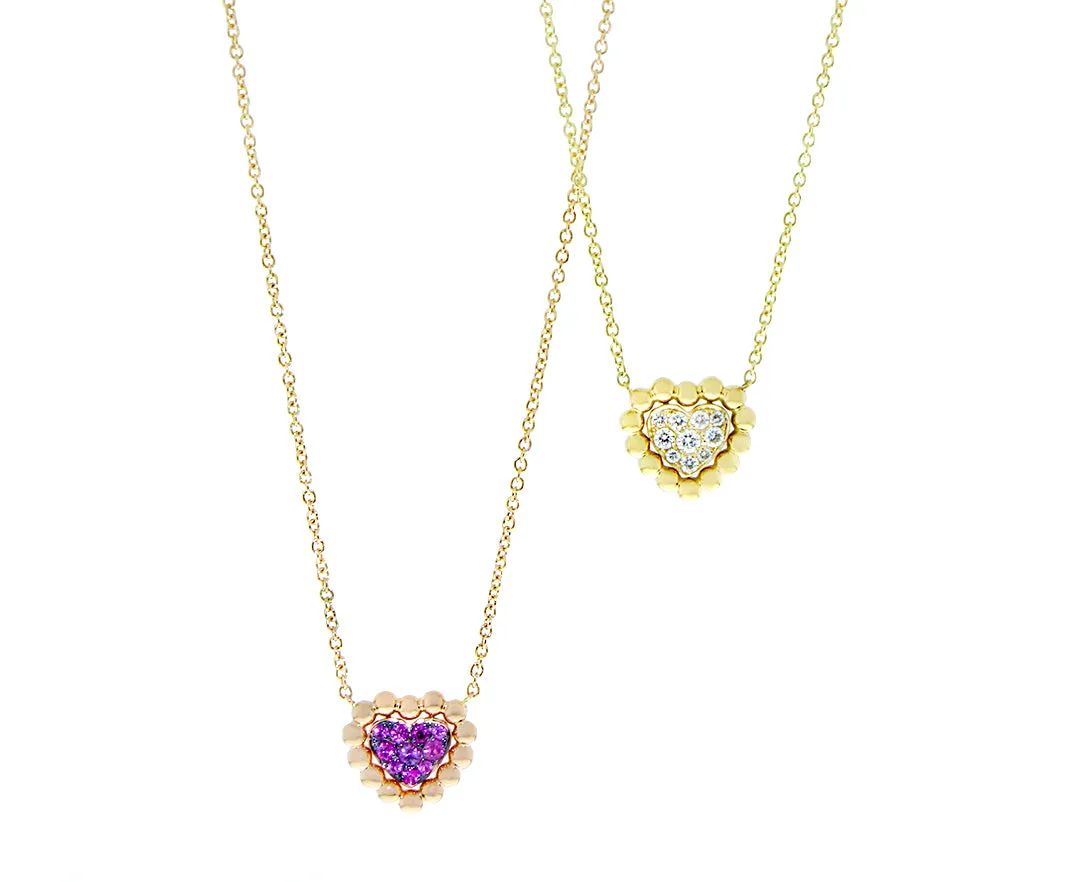 Rose and yellow gold necklace with a pink sapphire or diamond heart charm