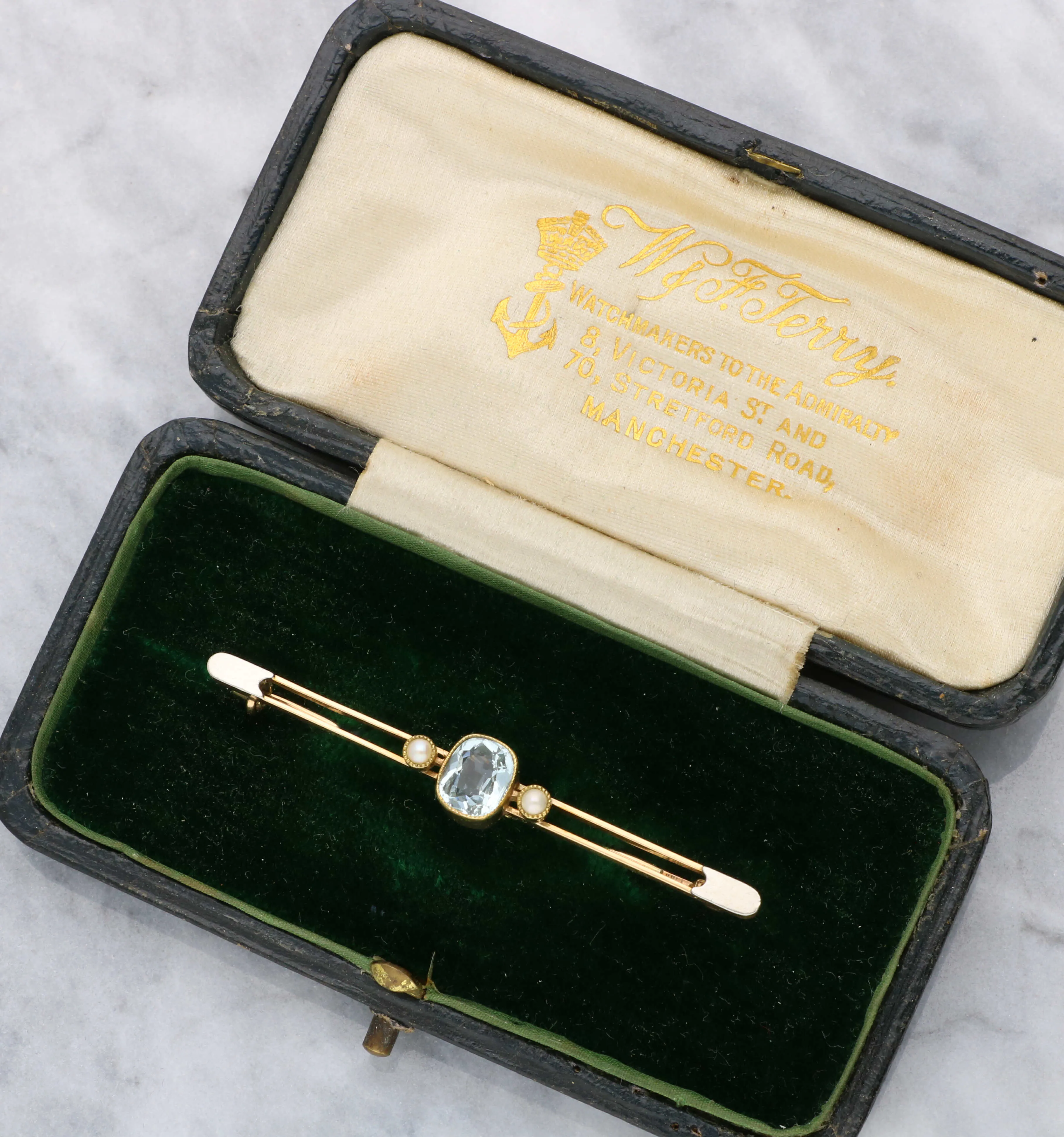 rose gold aquamarine and pearl brooch