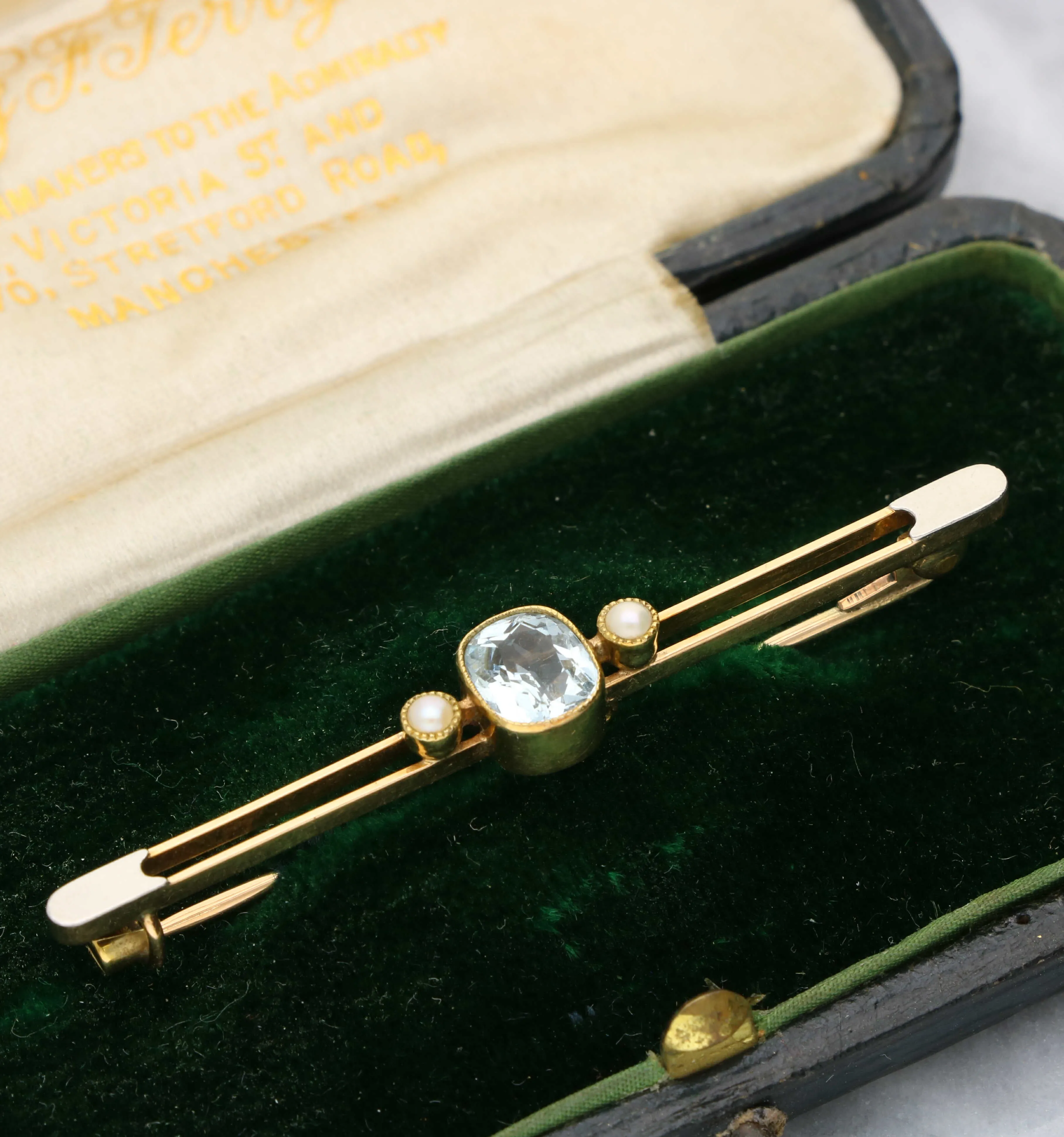 rose gold aquamarine and pearl brooch