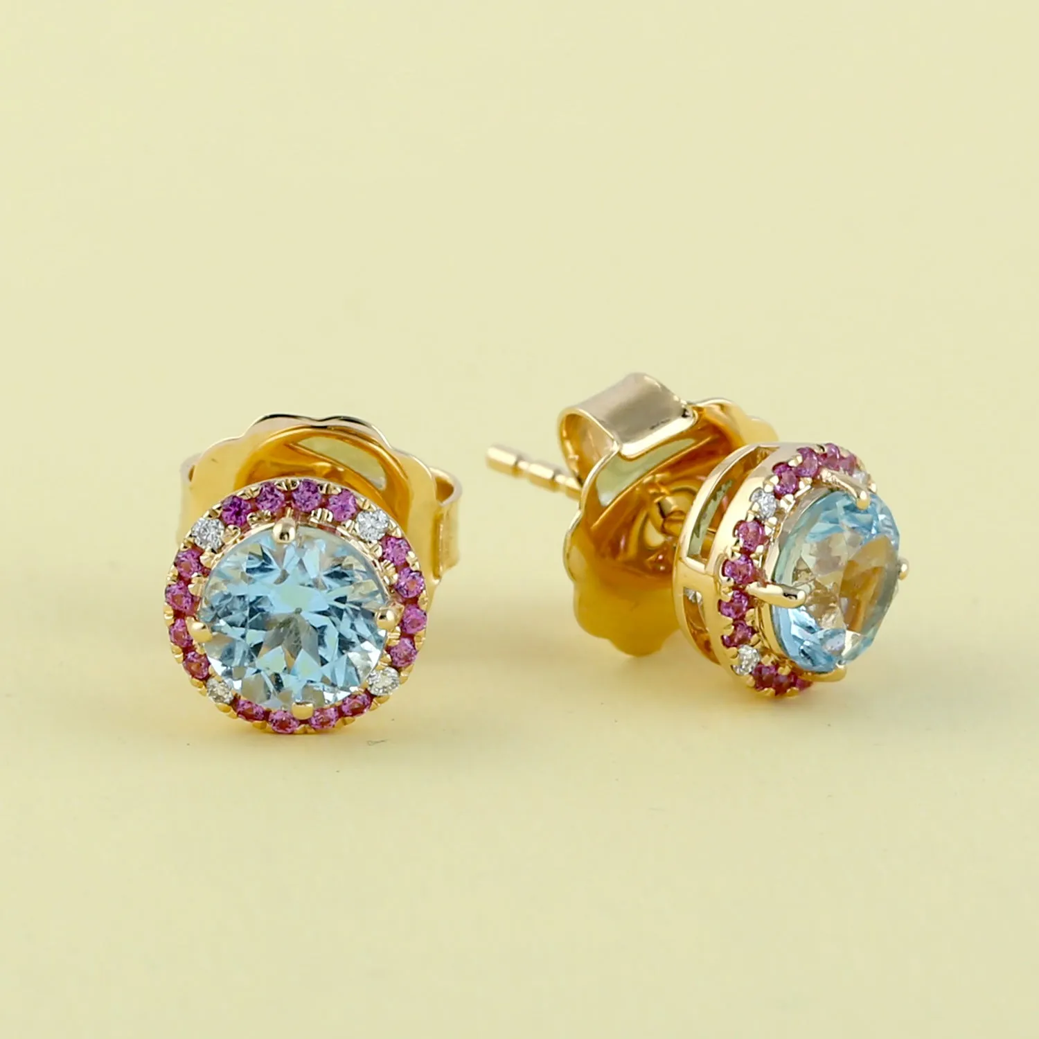 Round Blue Topaz Pink Sapphire Pave Diamond Stud Earrings In 18k Yellow Gold