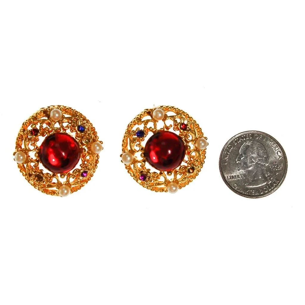 Royal Colors Rhinestone Earrings, Round Gold, Red, Sapphire Blue, Citrine, Amethyst Rhinestones, Faux Seed Pearls