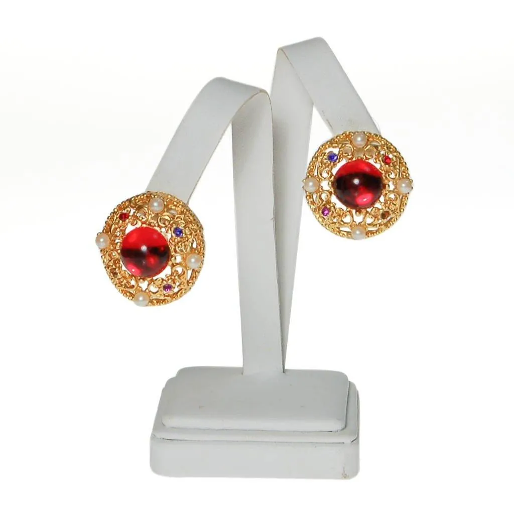 Royal Colors Rhinestone Earrings, Round Gold, Red, Sapphire Blue, Citrine, Amethyst Rhinestones, Faux Seed Pearls