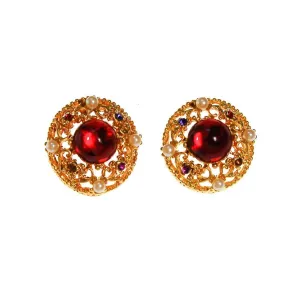 Royal Colors Rhinestone Earrings, Round Gold, Red, Sapphire Blue, Citrine, Amethyst Rhinestones, Faux Seed Pearls