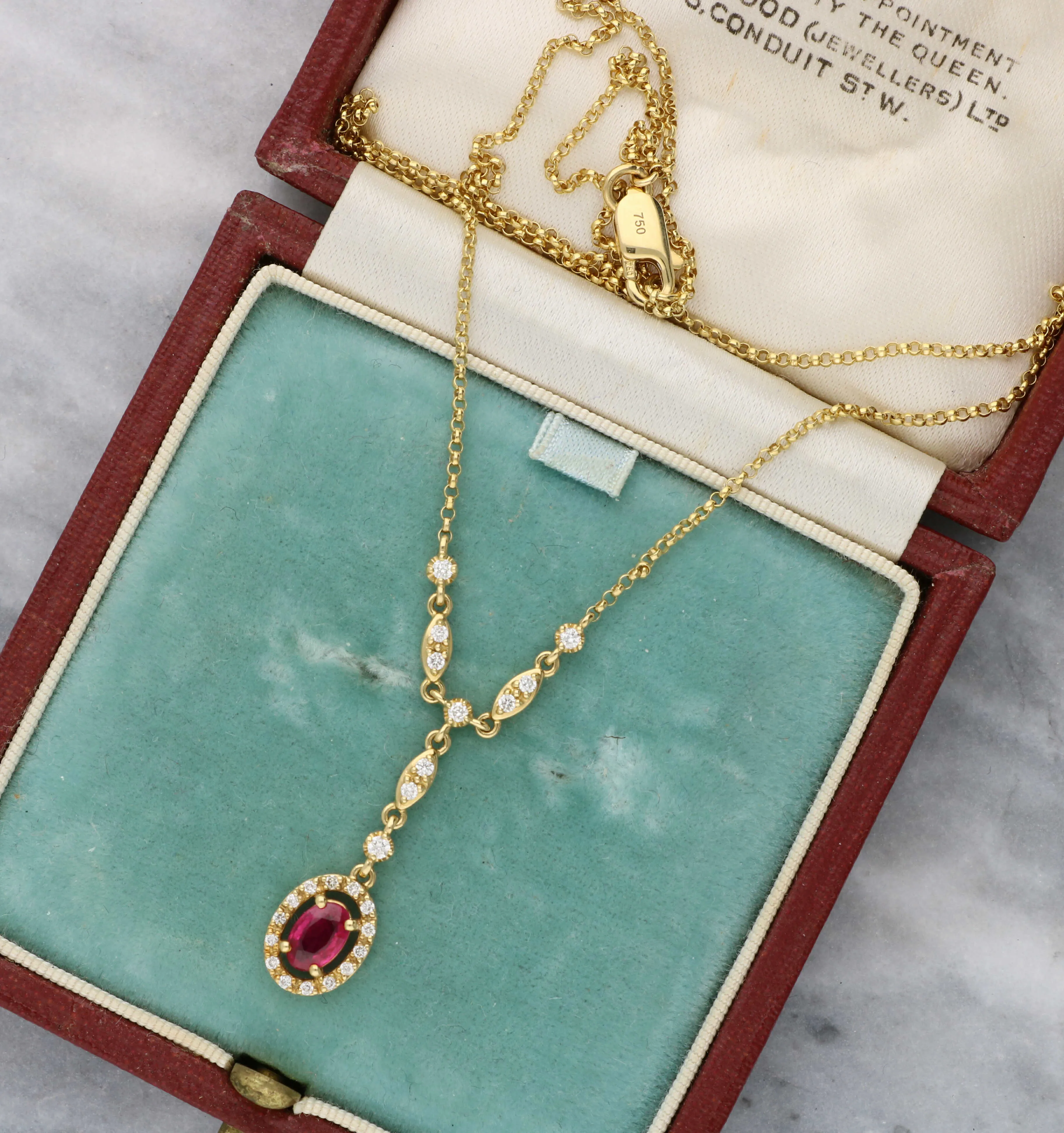 Ruby and diamond drop necklace