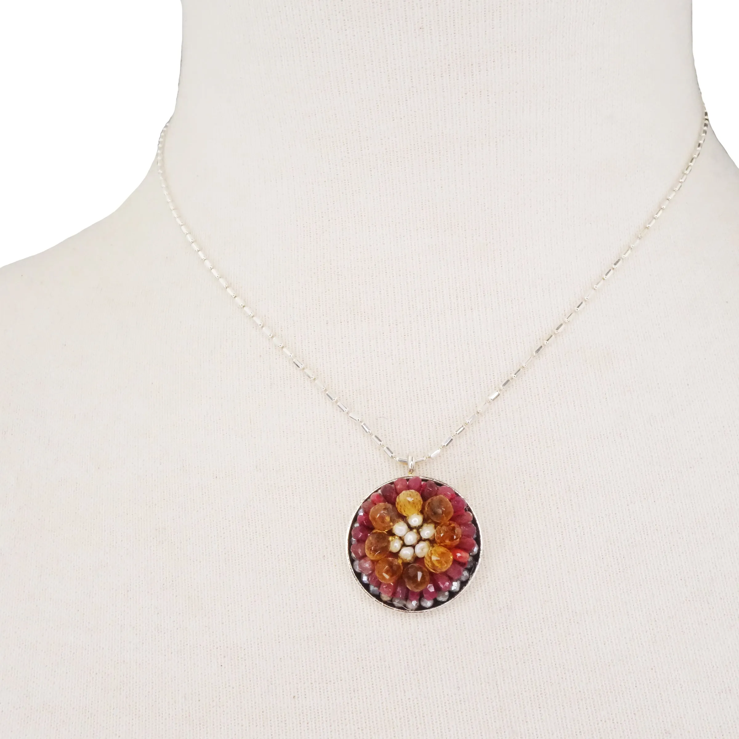 Ruby, Citrine drops, Pearl mosaic necklace