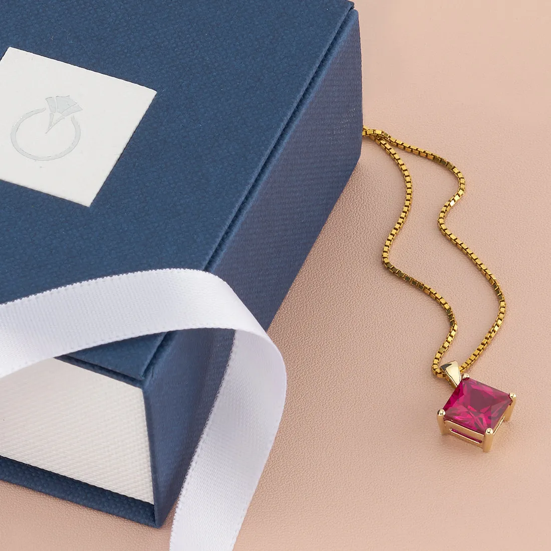 Ruby Pendant Necklace 14K Yellow Gold Princess Cut 3.20 Carats