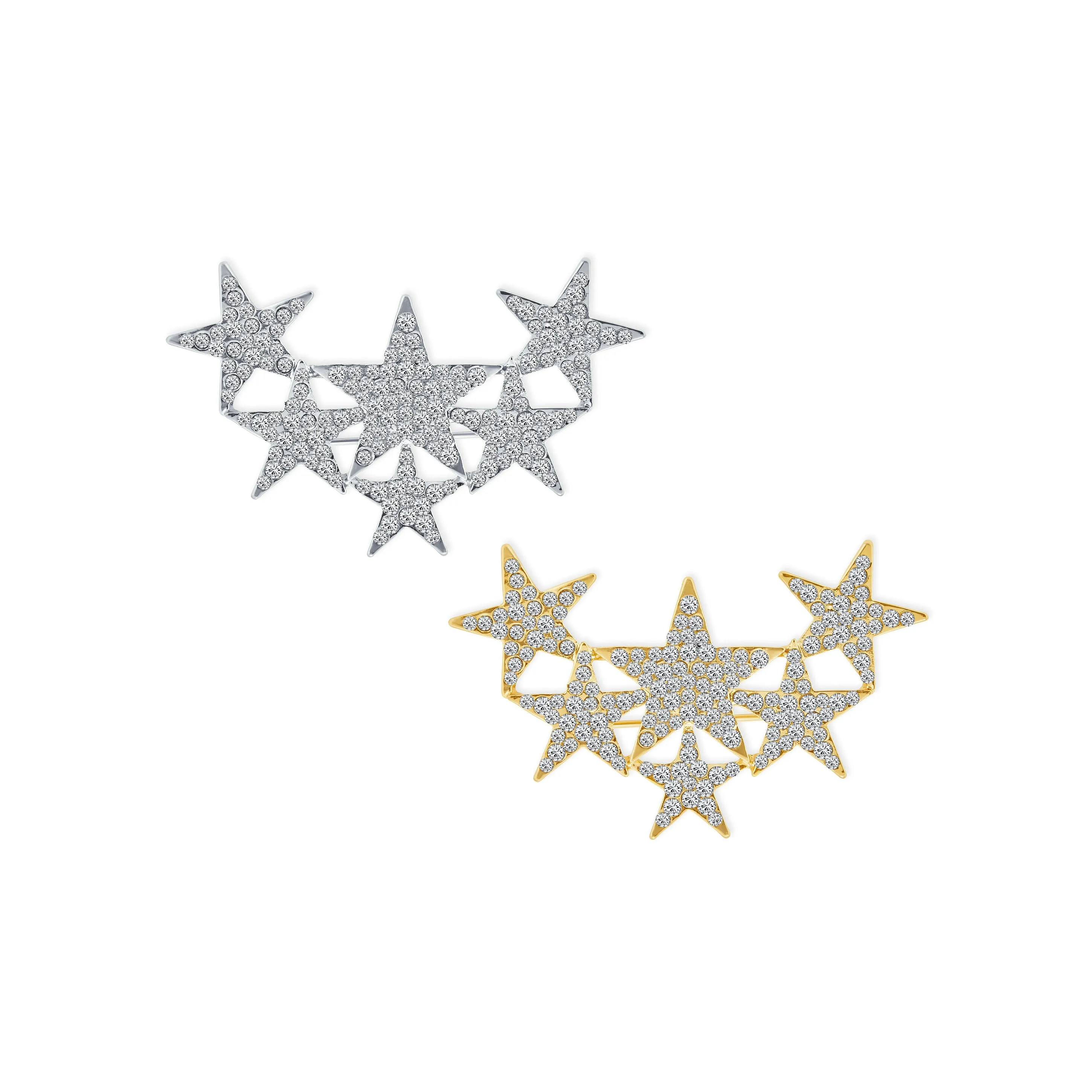 Set of 2 Large Celestial Rock Star Crystal Stars Brooch Pin Silver Gold Plated
