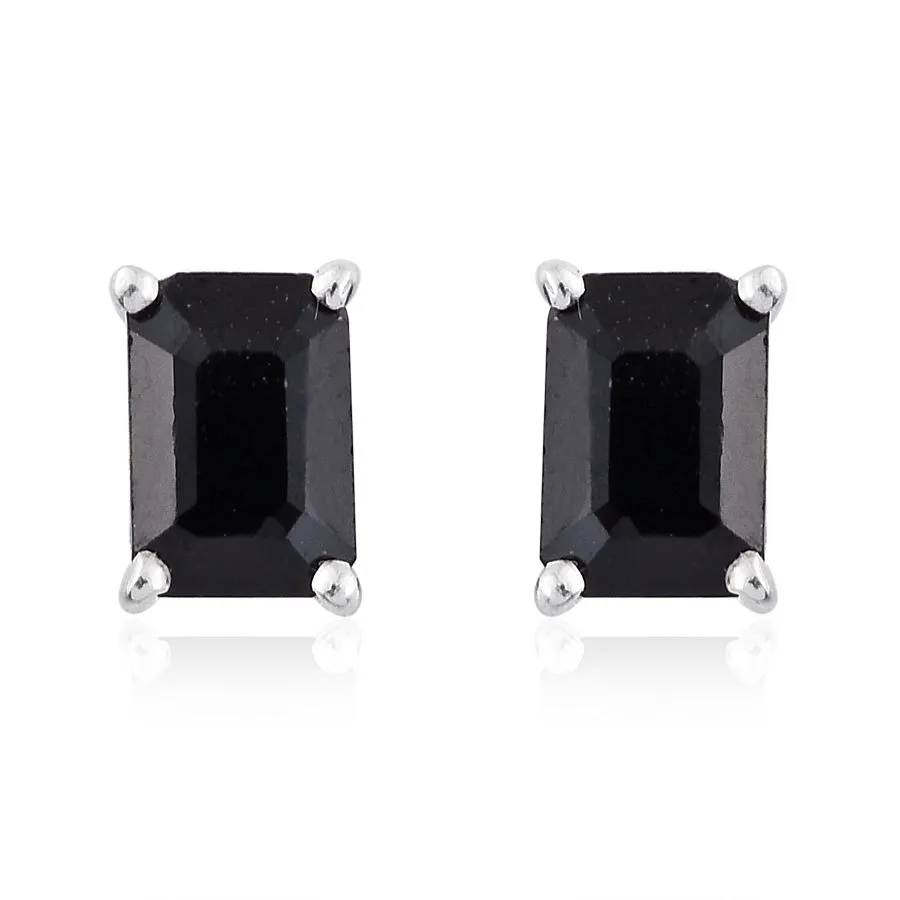 Set of 2 Sterling Silver Octagon & Round Black Sapphire Stud Earrings