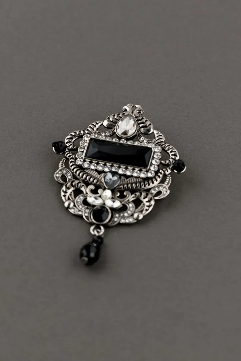 Silver Crystal Brooch with Black Crystals