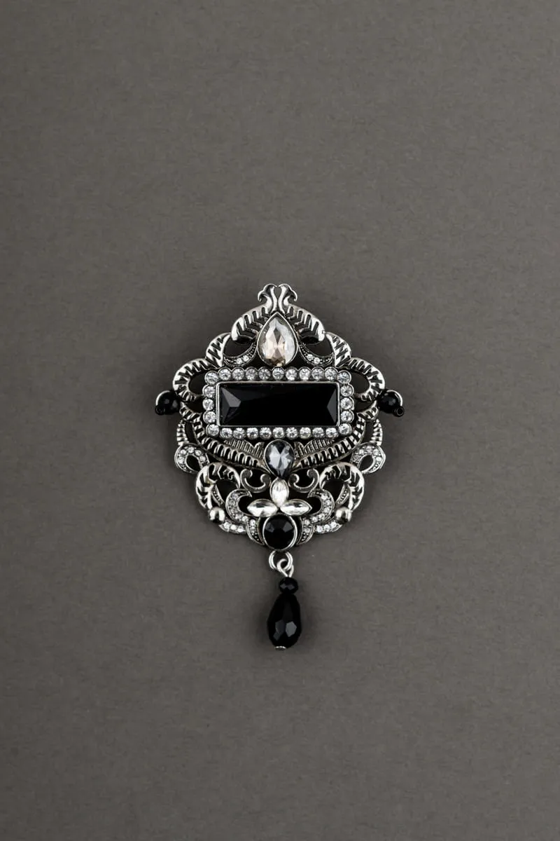 Silver Crystal Brooch with Black Crystals