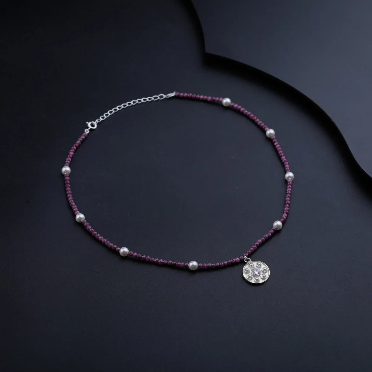 Silver Kundan Pendant Necklace with Ruby and Pearls
