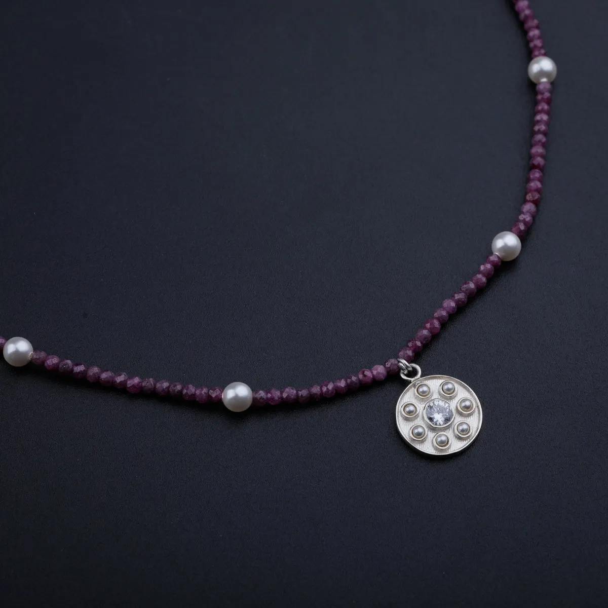 Silver Kundan Pendant Necklace with Ruby and Pearls