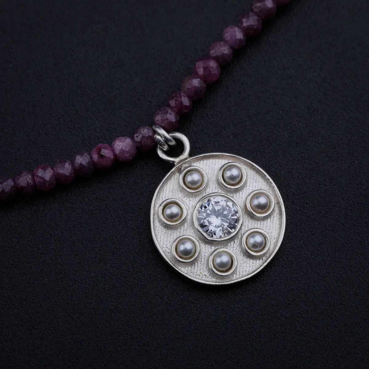 Silver Kundan Pendant Necklace with Ruby and Pearls