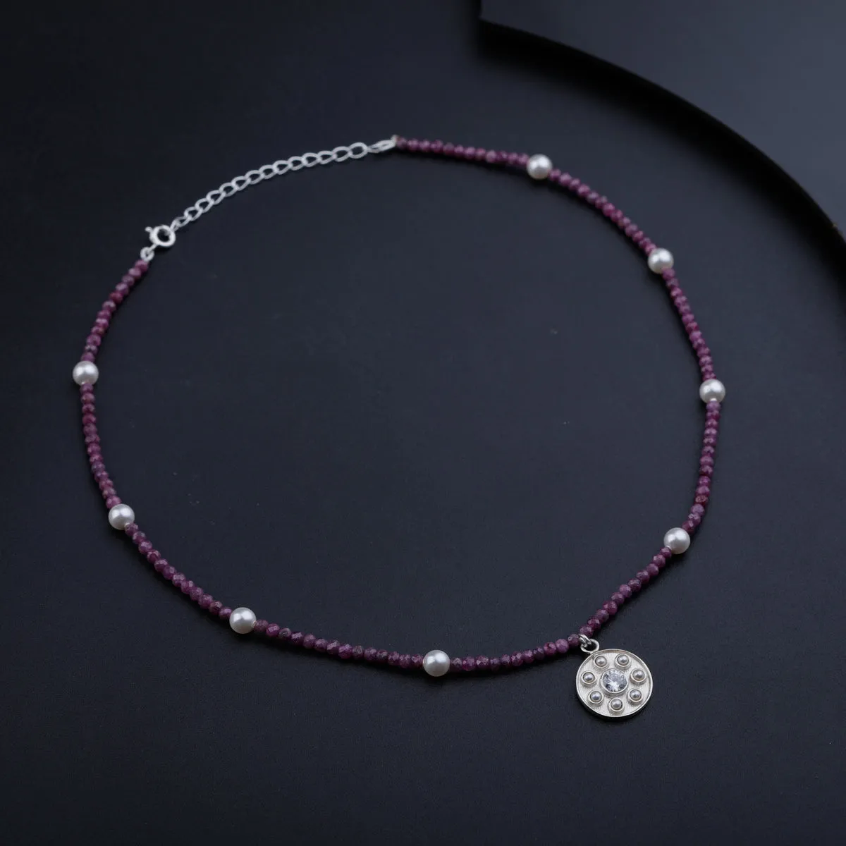 Silver Kundan Pendant Necklace with Ruby and Pearls