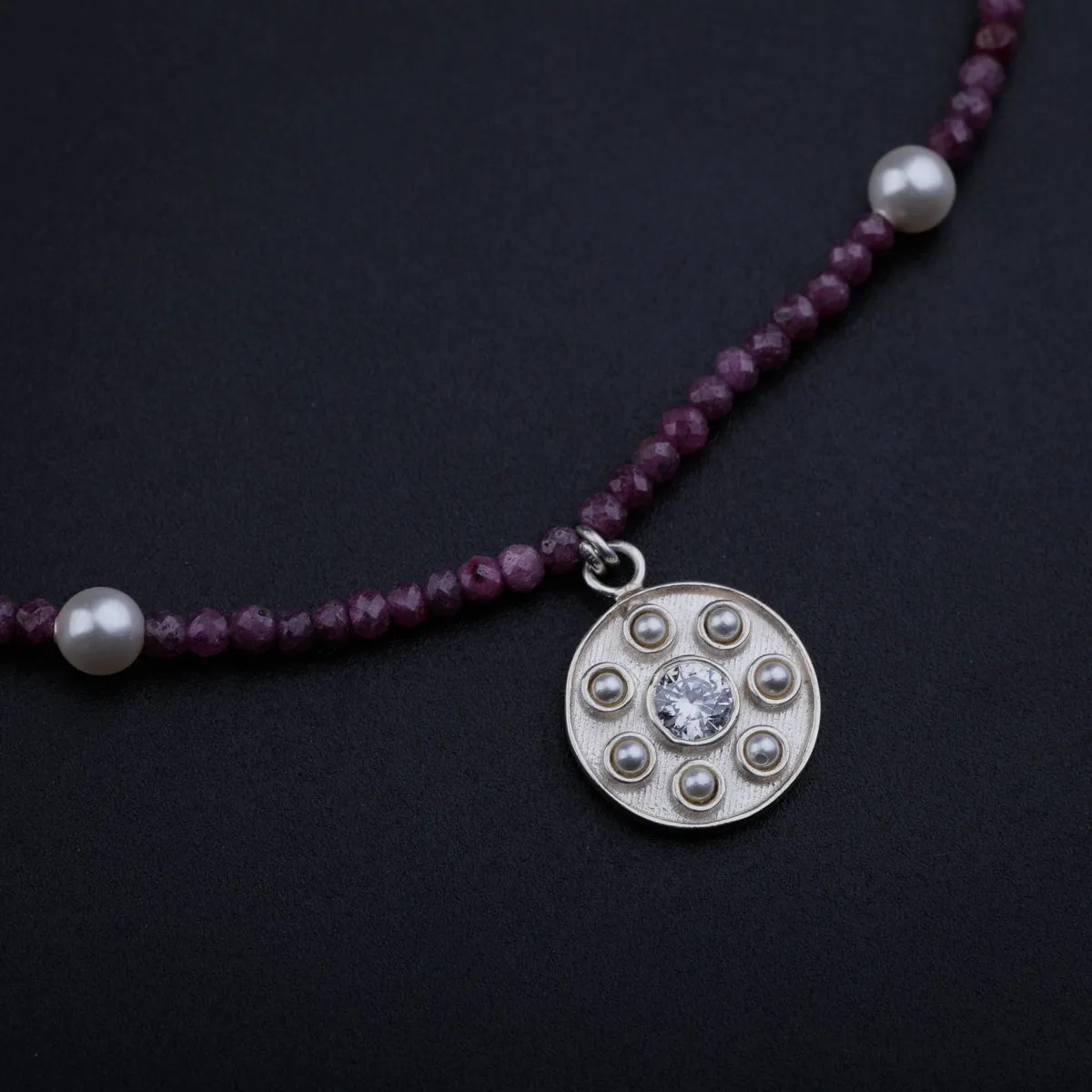 Silver Kundan Pendant Necklace with Ruby and Pearls