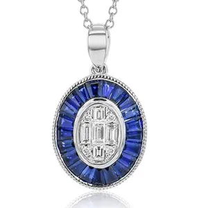 Simon G. Contemporary Style Oval Shaped Sapphire & Diamond Baguette Pendant