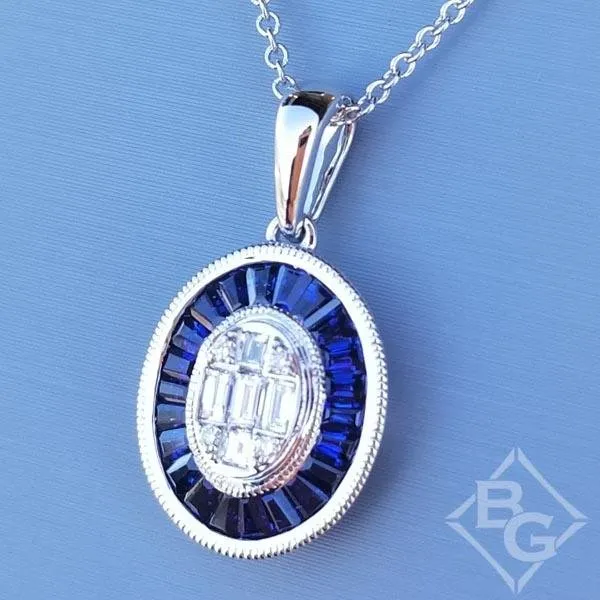 Simon G. Contemporary Style Oval Shaped Sapphire & Diamond Baguette Pendant