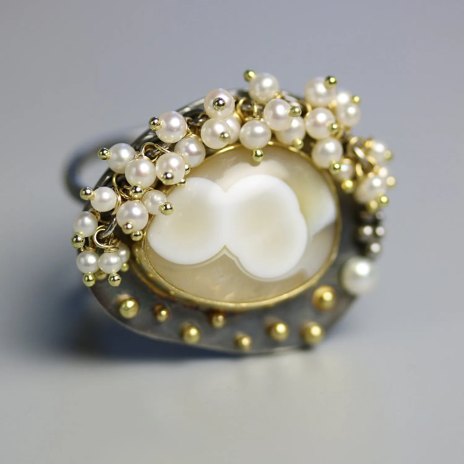 Sold - Ocean Jasper, Pearls   Gold Dots Ring