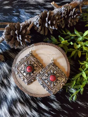 Stamped Silver Earrings with Red Stone