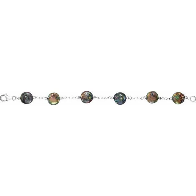 Sterling Silver 12-13 mm Cultured Black Freshwater Pearl Coin 7 1/2" Bracelet
