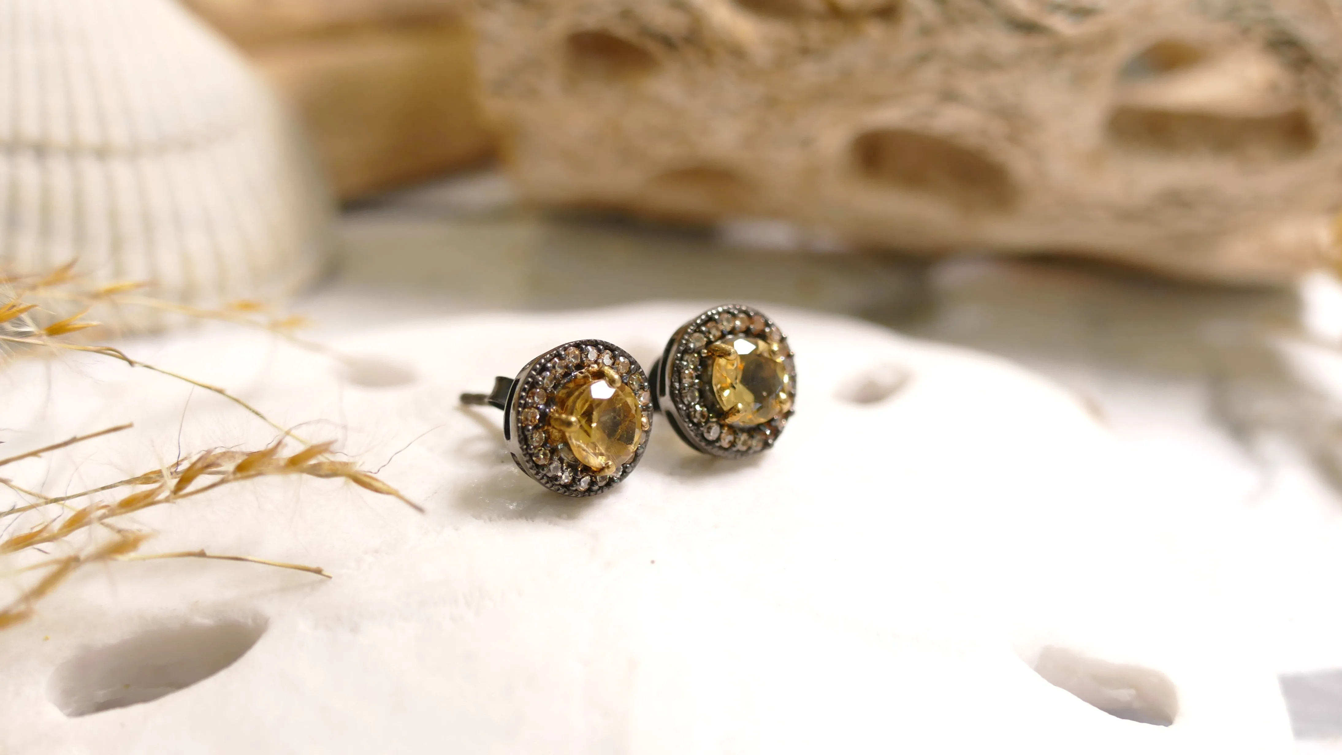 Sterling Silver - Black Rhodium - White Sapphire Halo Round Citrine Stud Earrings