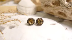 Sterling Silver - Black Rhodium - White Sapphire Halo Round Citrine Stud Earrings