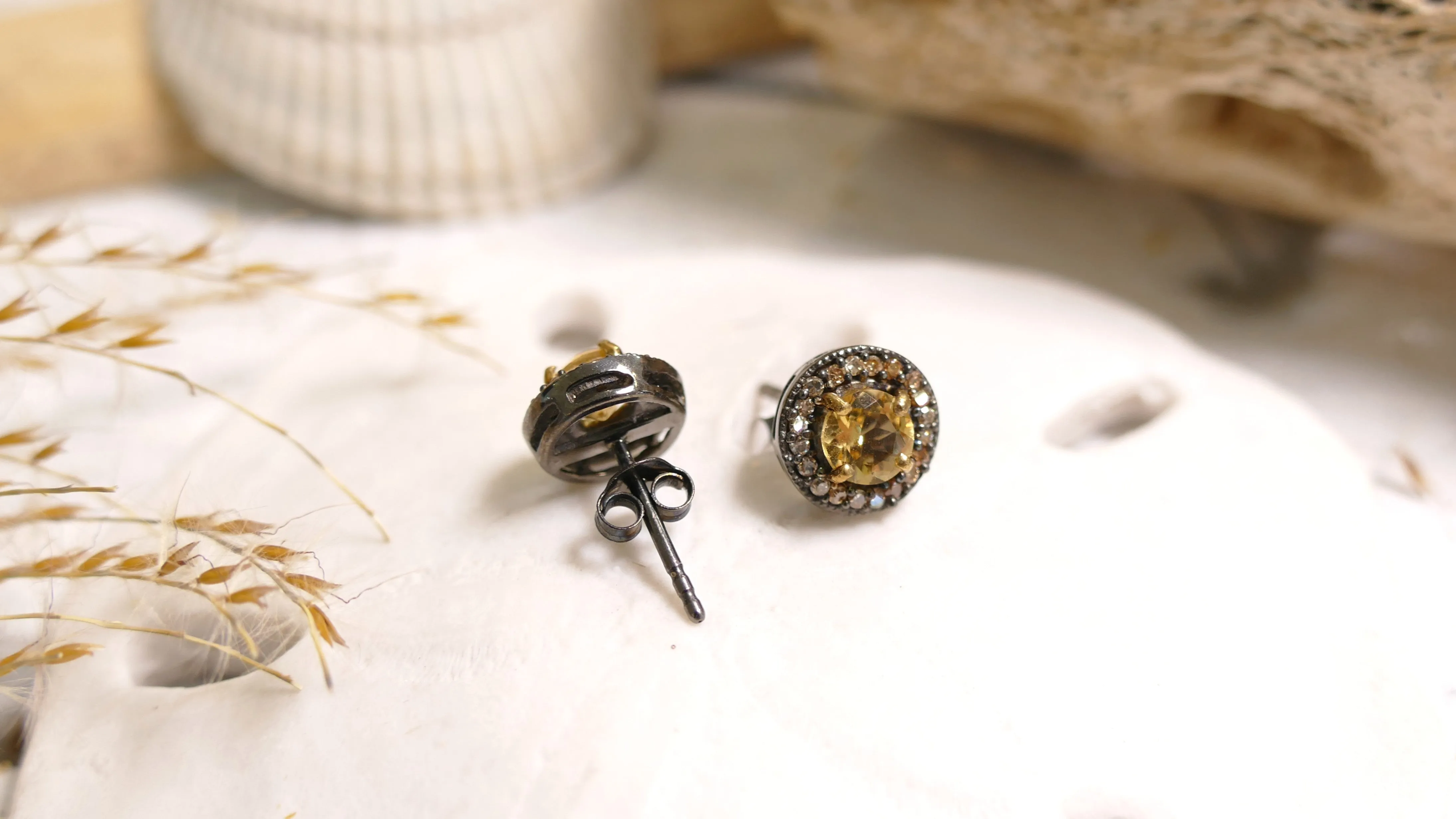 Sterling Silver - Black Rhodium - White Sapphire Halo Round Citrine Stud Earrings