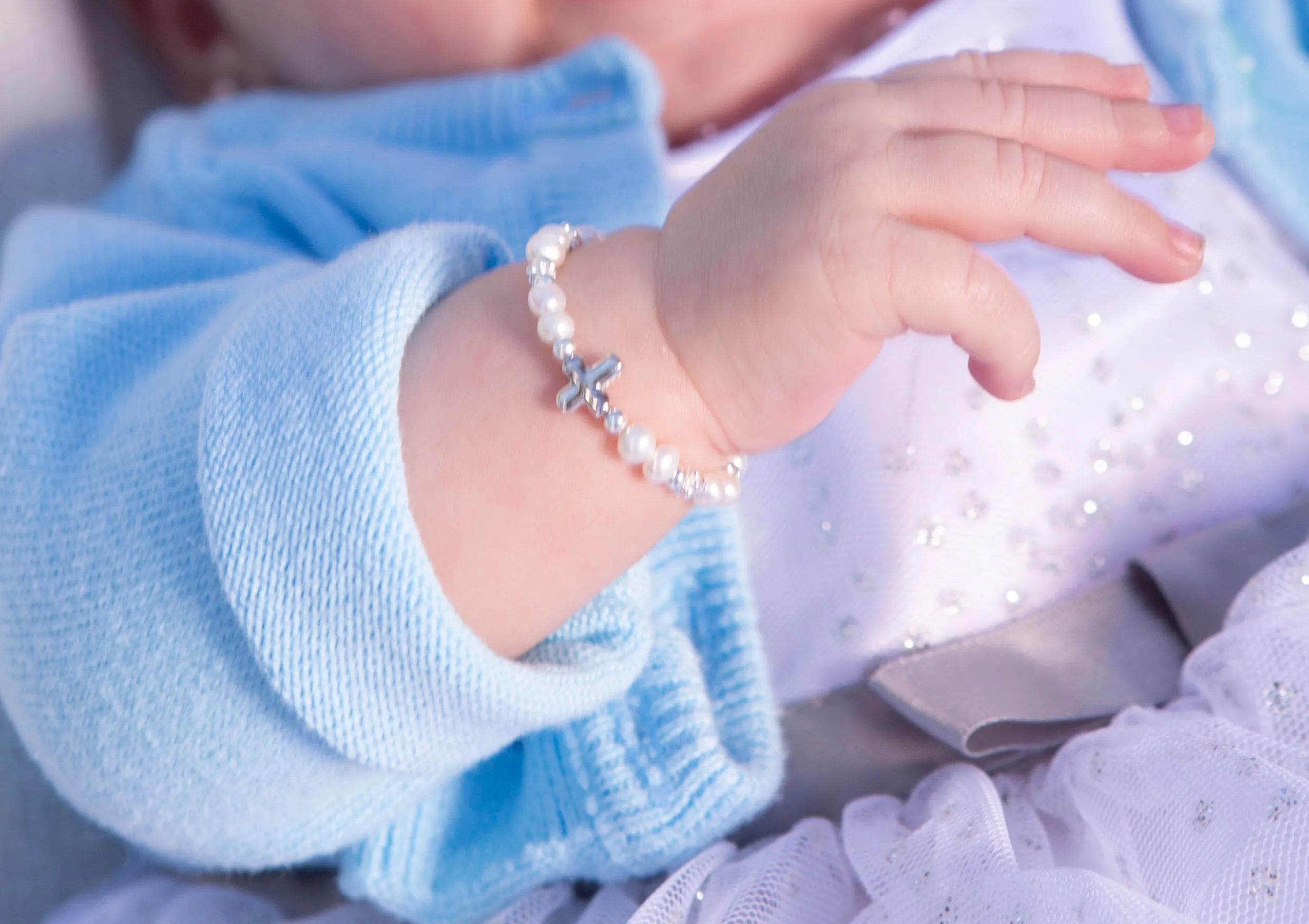 Sterling Silver High-End Austrian Simulated Pearl Baptism Cross Bracelet for Baby Girl