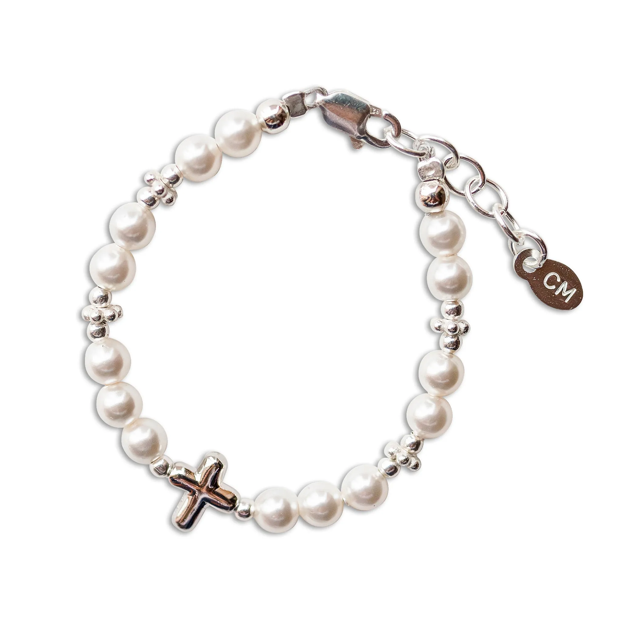 Sterling Silver High-End Austrian Simulated Pearl Baptism Cross Bracelet for Baby Girl