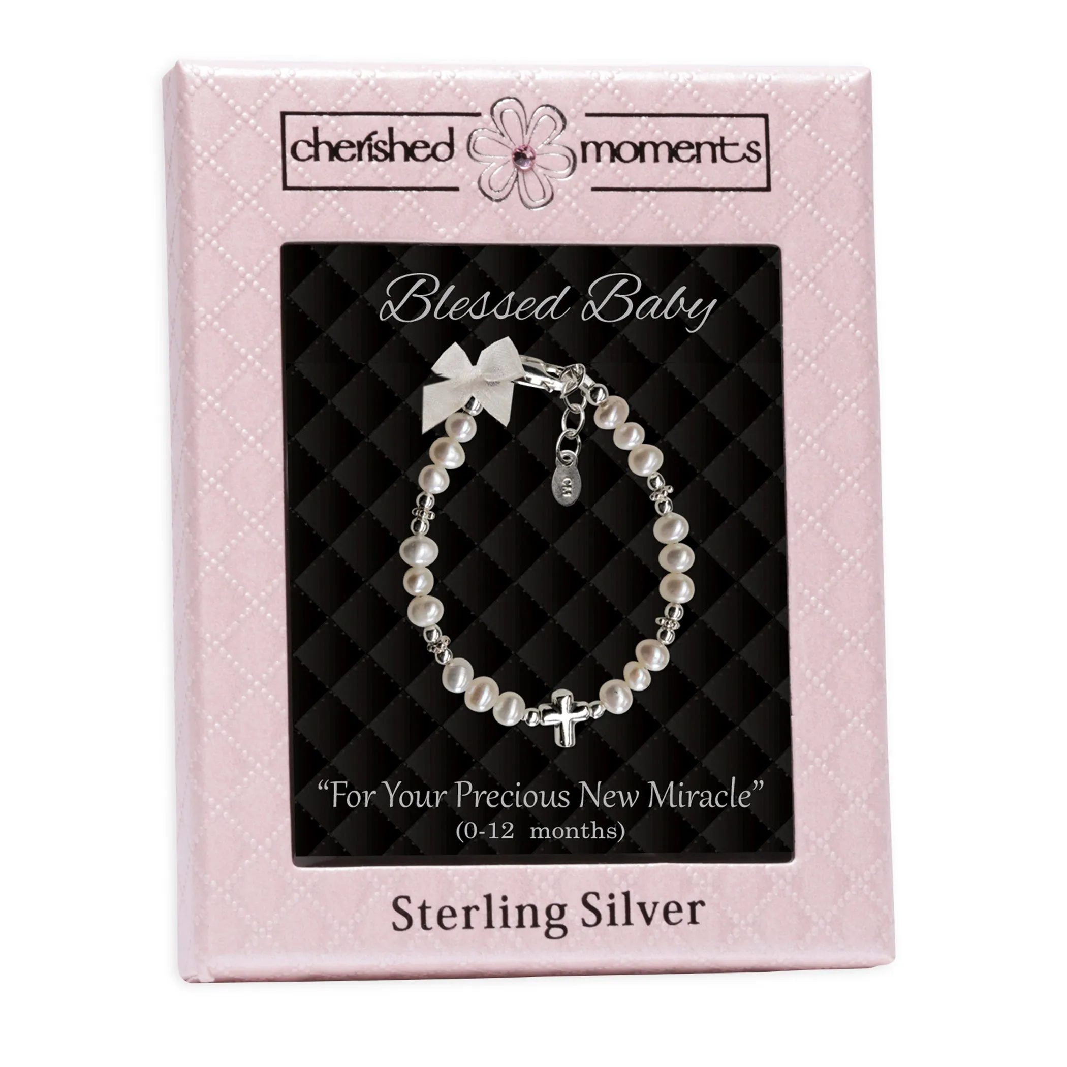 Sterling Silver High-End Austrian Simulated Pearl Baptism Cross Bracelet for Baby Girl