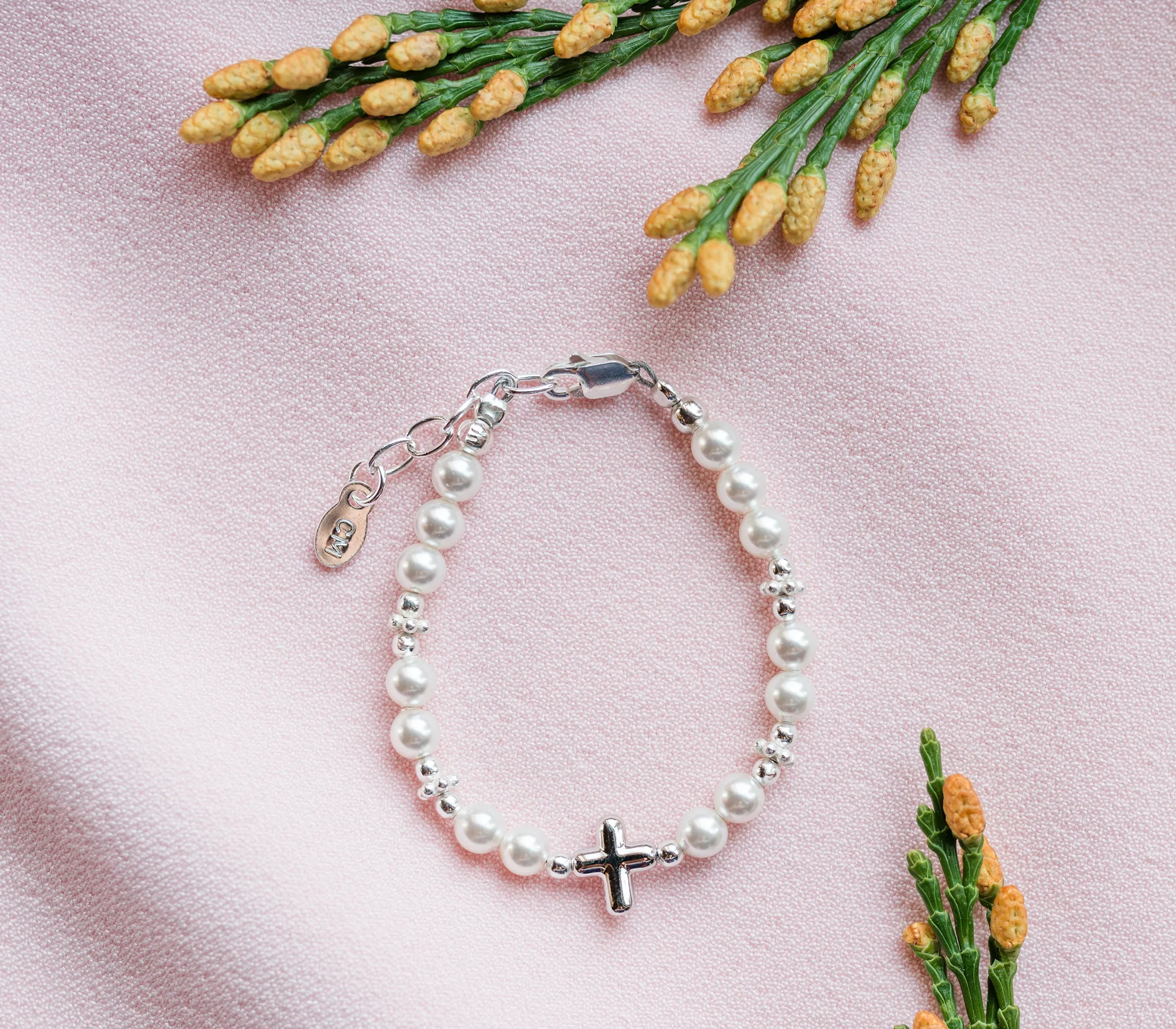 Sterling Silver High-End Austrian Simulated Pearl Baptism Cross Bracelet for Baby Girl