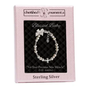 Sterling Silver High-End Austrian Simulated Pearl Baptism Cross Bracelet for Baby Girl
