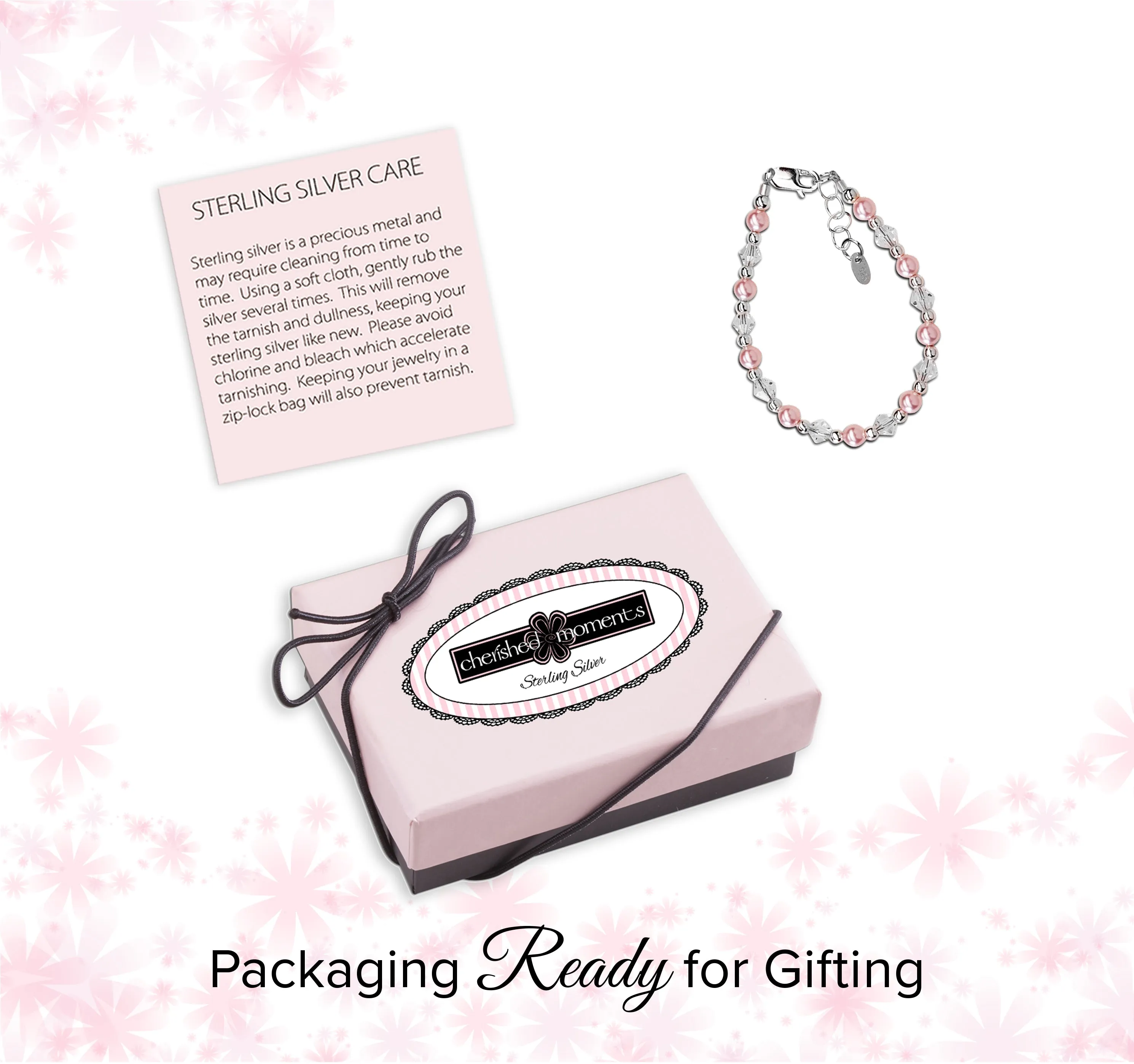 Sterling Silver Pink Simulated Pearl Bracelet for New Infant Baby and Little Girls