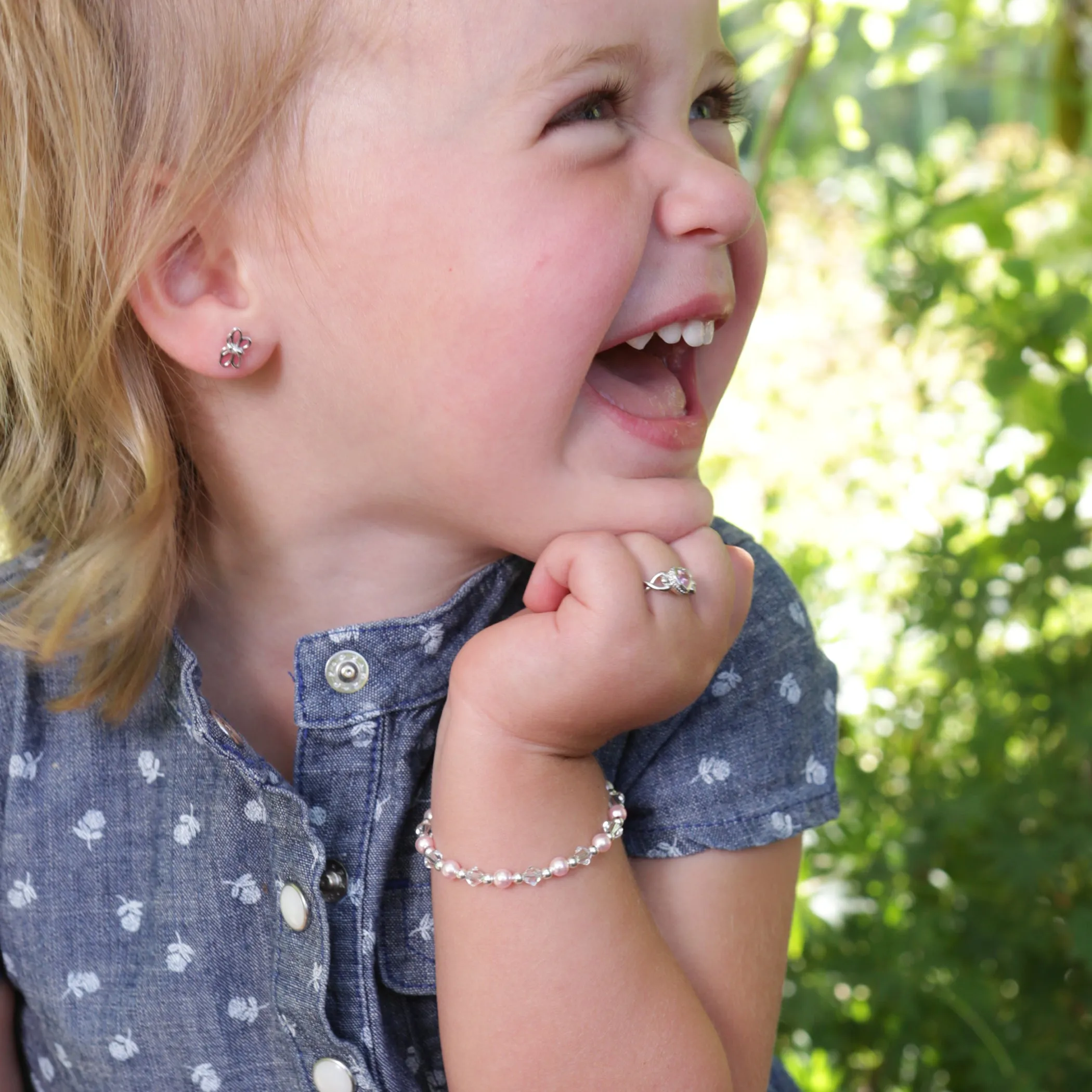 Sterling Silver Pink Simulated Pearl Bracelet for New Infant Baby and Little Girls