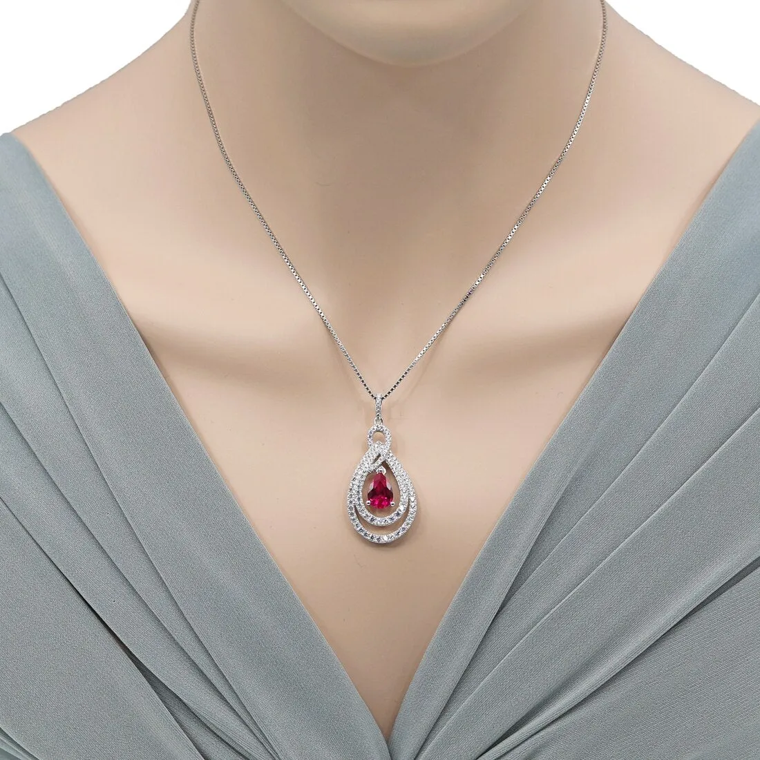 Tear Drop Created Ruby Sterling Silver Glamour Pendant Necklace 2.25 Carats