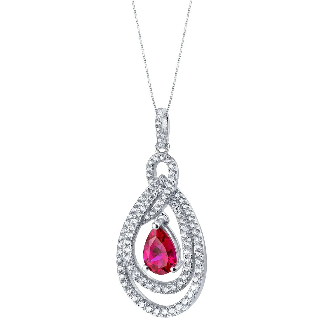 Tear Drop Created Ruby Sterling Silver Glamour Pendant Necklace 2.25 Carats