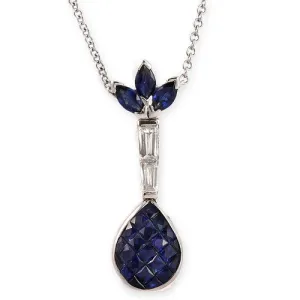 Teardrop Style, Invisible Set Blue Sapphire And Diamond Pendant Necklace In 18k White Gold