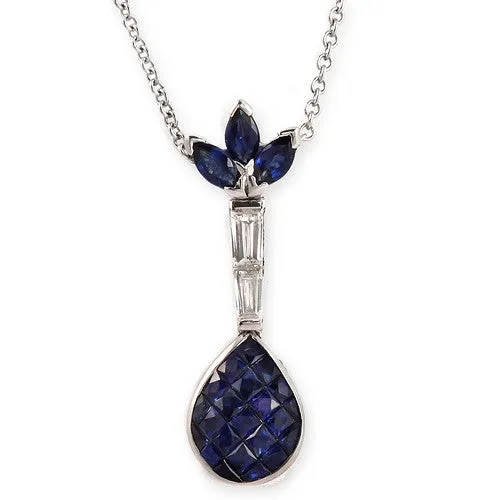Teardrop Style, Invisible Set Blue Sapphire And Diamond Pendant Necklace In 18k White Gold
